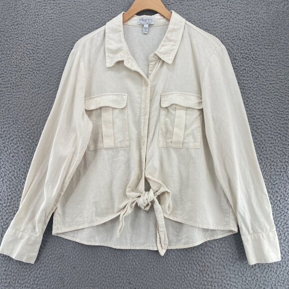 Sofia Vergara Top Womens Large Ivory Linen Blend Button Up Tie Crop Long Sleeve - Picture 1 of 10